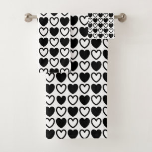Black and White Hearts Bath Towel Set