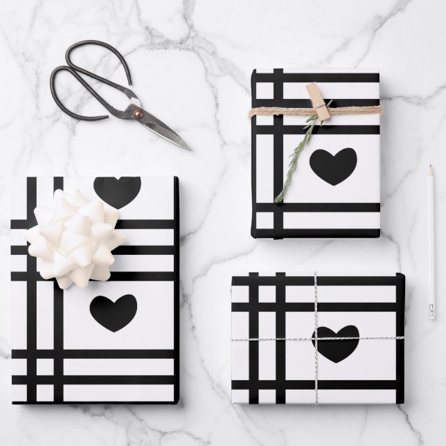 Black and White Hearts Cute Valentines Day Pattern Wrapping Paper Sheet (Front)