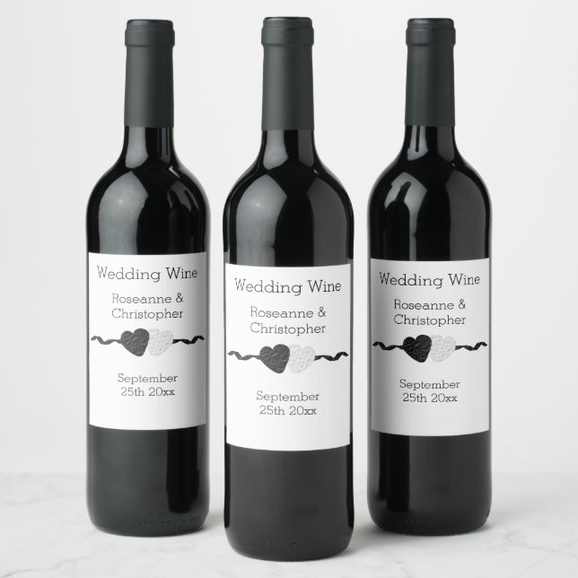 Black And White Hearts Design Wedding Wine Label (Bottles)