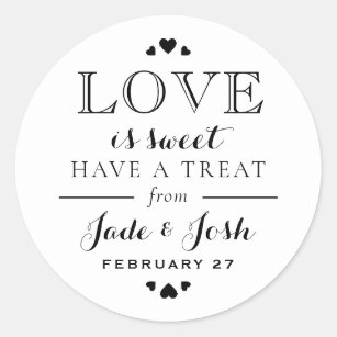 Black and White Hearts Love is Sweet Wedding Favou Classic Round Sticker