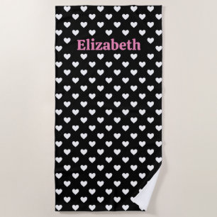 Black and White Hearts Pattern Beach Towel