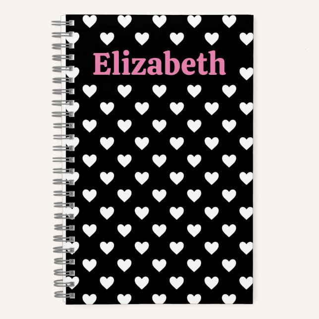 Black and White Hearts Pattern Notebook (Front)