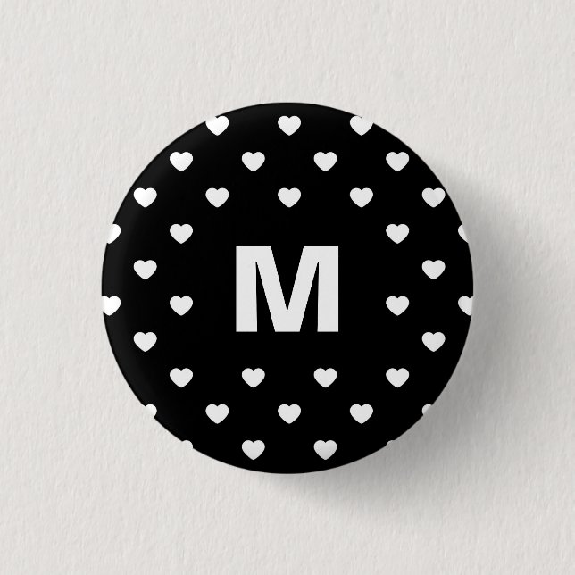 Black and White Hearts Polka Dot Pattern Monogram 1 Inch Round Button (Front)