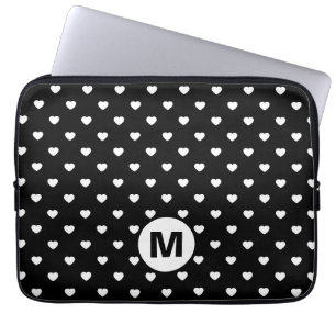Black and White Hearts Polka Dot Pattern Monogram Laptop Sleeve