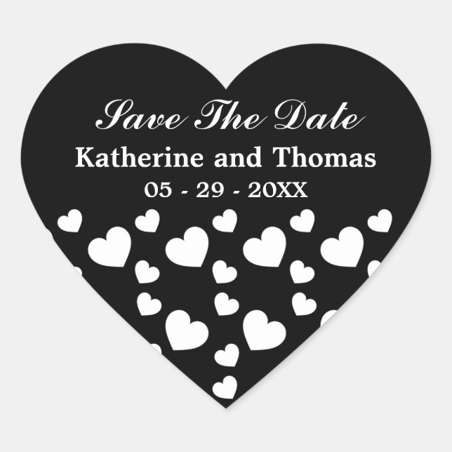 Black and White Hearts Save The Date Stickers (Front)