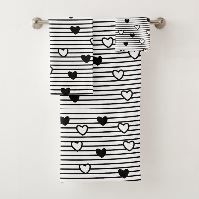 Black and White Hearts Valentine Pattern Bath Towel Set (Insitu)
