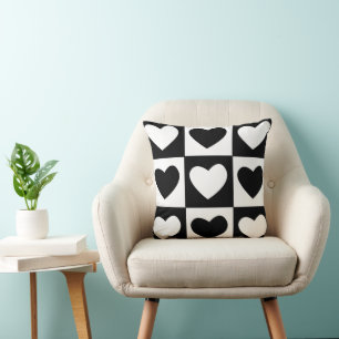 Black and White Hearts Valentines Day Decor Throw Pillow