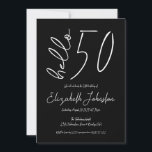Black and White Hello 50 Fabulous Birthday Minimal Invitation<br><div class="desc">“Hello 50.” Own it and usher in fifty years with style! Send out this bold, graphic minimal 50th birthday personalized invitation for a celebration to remember. Dramatic white handwriting script calligraphy overlays a black background. Personalize with all your party info. Guaranteed to add stylish and elegant fun to anyone’s event!...</div>