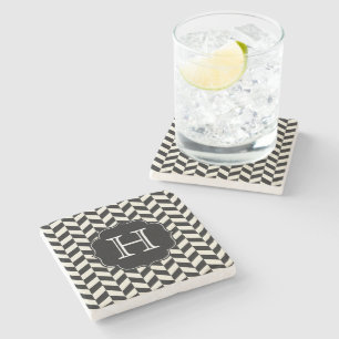 Black and White Herringbone Chevron Pattern Stone Coaster