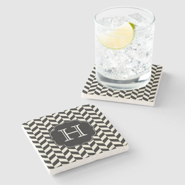 Black and White Herringbone Chevron Pattern Stone Coaster (Side)