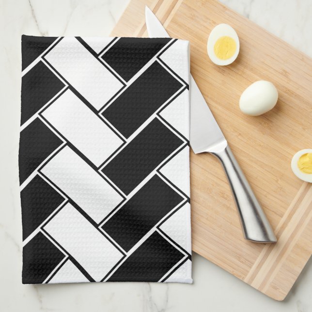 Black and White Herringbone Kitchen Towel (Quarter Fold)