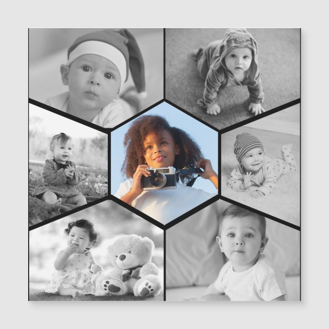 Black and White Hexagon Photo Collage Magnetic Invitation (Front)