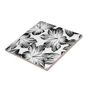 Black and white hibiscus tile