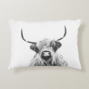 Black and white highland cow animal portrait accent pillow