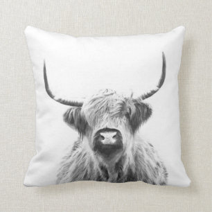 Black and white highland cow animal portrait throw pillow