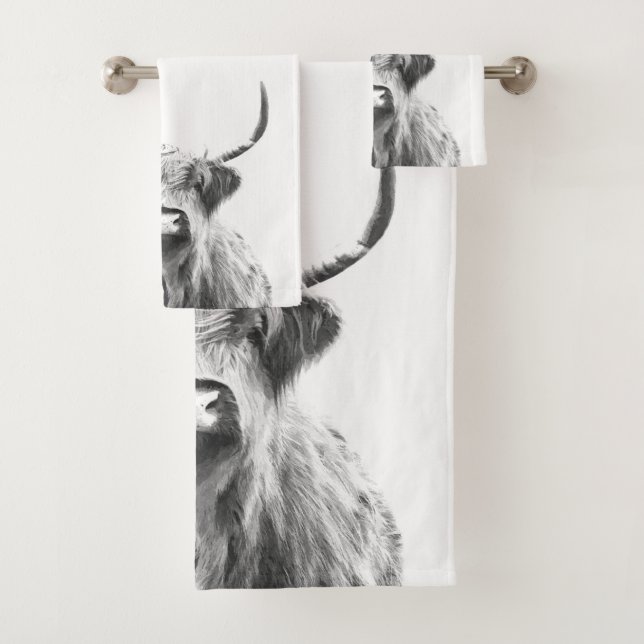 Black and White Highland Cow Bath Towel Set (Insitu)
