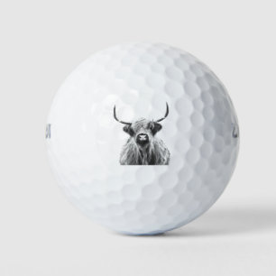 Black and White Highland Cow Portrait Golf Balls