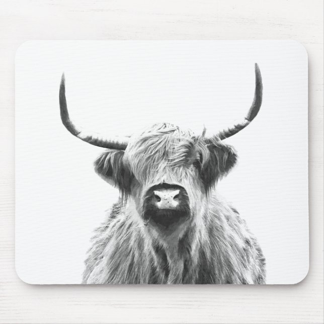 Black and White Highland Cow Portrait Mouse Pad (Front)