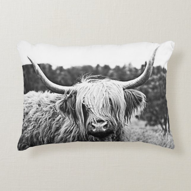Black and White Highland Longhorn Cow Accent Pillow (Front)