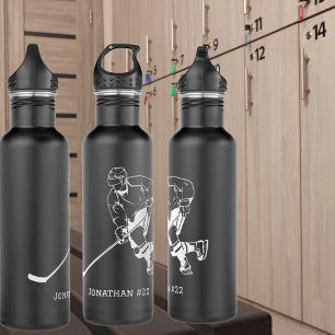 Black and White Hockey Player Monogram  710 Ml Water Bottle