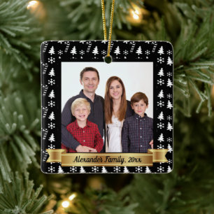 Black and White Holiday Pattern Photo Ceramic Ornament
