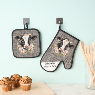 Black and White Holstein Cow With Florals Oven Mitt & Pot Holder Set