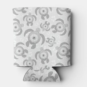 Black and White Honu Sea Turtles Hibiscus Flowers Can Cooler