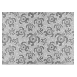 Black and White Honu Sea Turtles Hibiscus Flowers Cutting Board