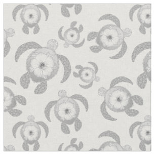 Black and White Honu Sea Turtles Hibiscus Flowers Fabric