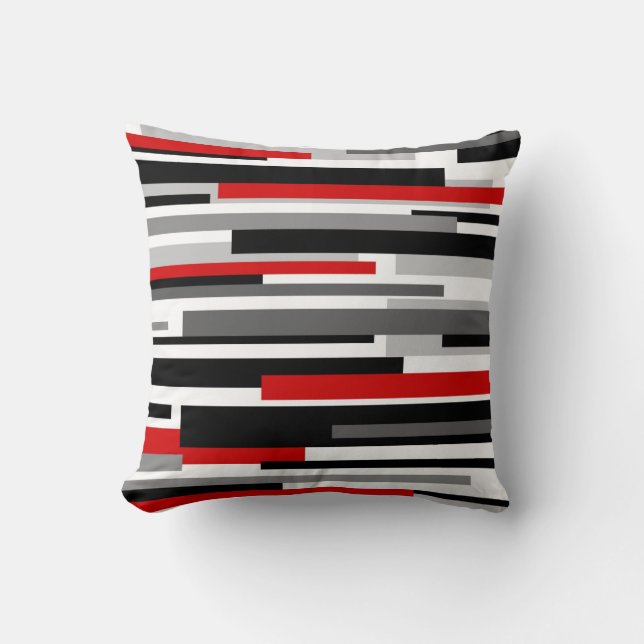 Black and White Horizontal Lines with Red Accent Throw Pillow (Front)