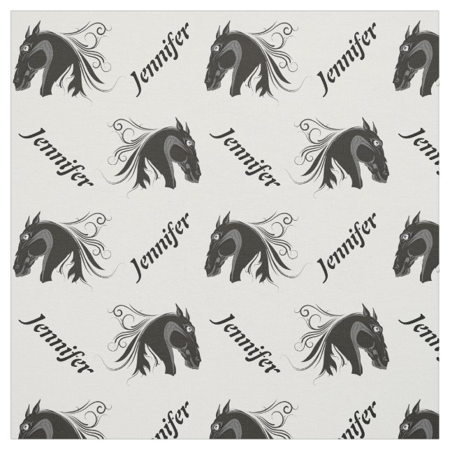 Black and white horse head and name personalized fabric (Swatch)