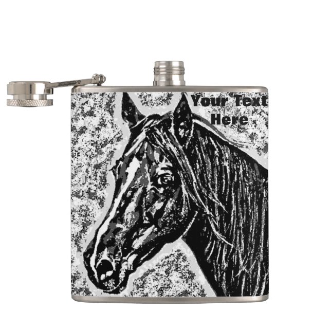 black and white horse portrait equine art hip flask (Opened)
