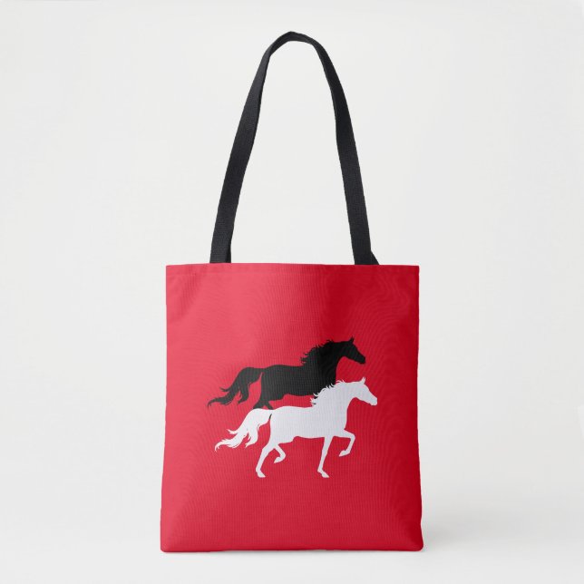 Black and white horse silhouettes on red tote bag (Front)