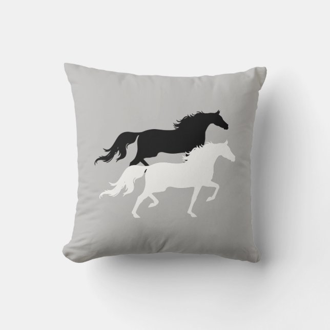 Black and white horse silhouettes on silver grey throw pillow (Front)