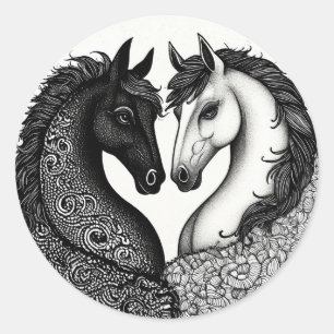 Black and White Horses 🐴 Elegant Equine Duo Art  Classic Round Sticker