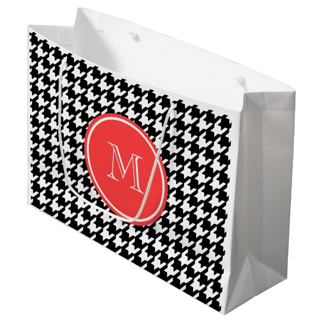 Black and White Houndstooth Coral Monogram Large Gift Bag (Front Angled)