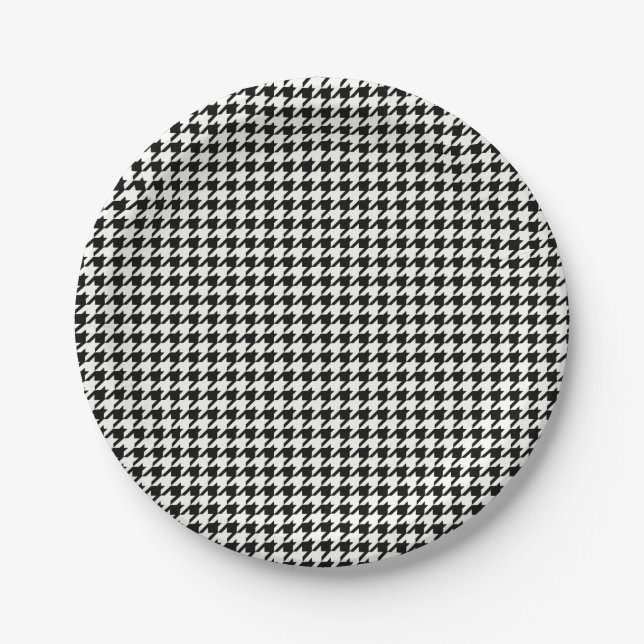 Black and White Houndstooth Pattern Paper Plate (Front)