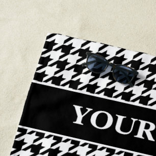 Black and white houndstooth pattern personalized beach towel