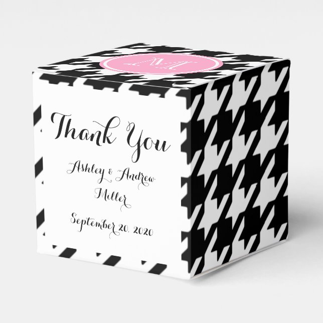 Black and White Houndstooth Pink Monogram Favor Box (Front Side)