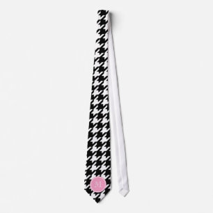 Black and White Houndstooth Pink Monogram Tie
