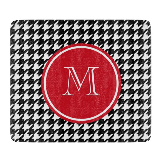 Black and White Houndstooth Red Monogram Cutting Board (Front)