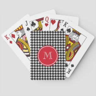 Black and White Houndstooth Red Monogram Playing Cards