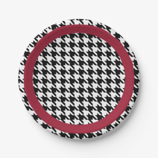 Black and white houndstooth with crimson accent paper plate
