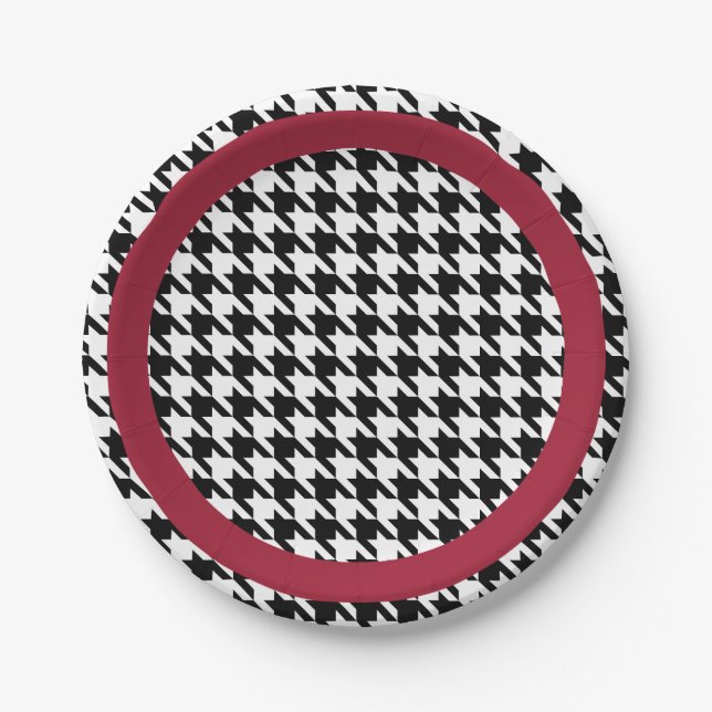 Black and white houndstooth with crimson accent paper plate (Front)