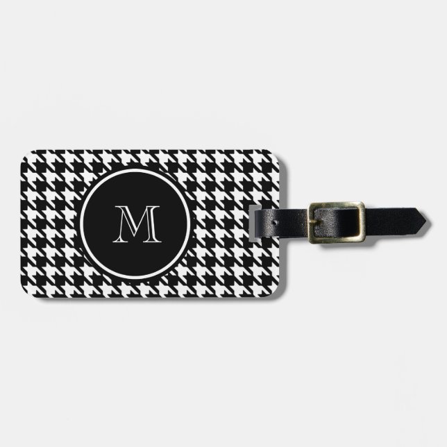 Black and White Houndstooth Your Monogram Luggage Tag (Front Horizontal)