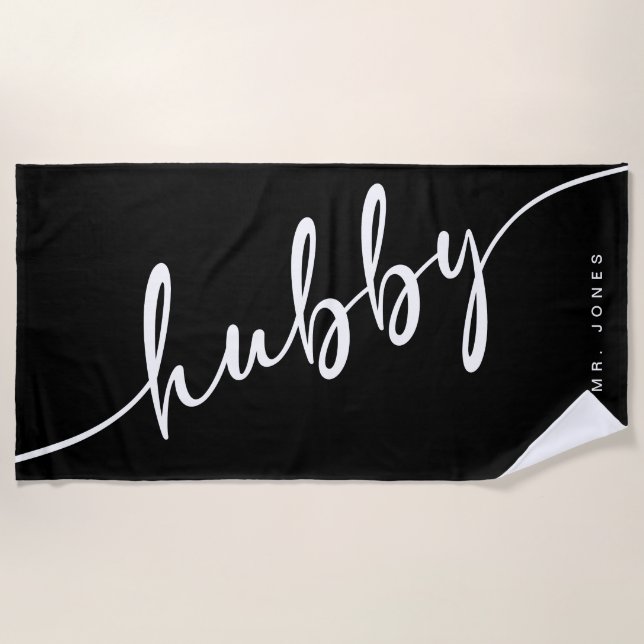 Black and White Hubby Beach Towel, Gift for Groom Beach Towel (Front)