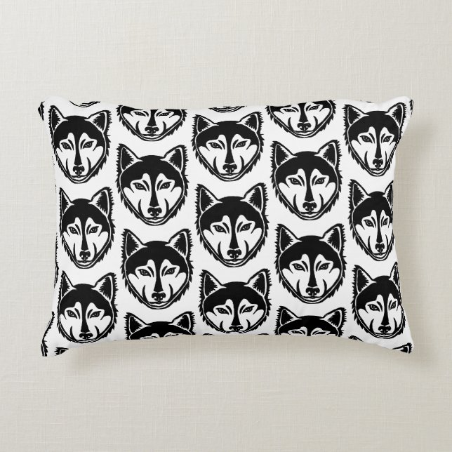 Black and White Husky Portrait Lino Cut Pattern Accent Pillow (Front)