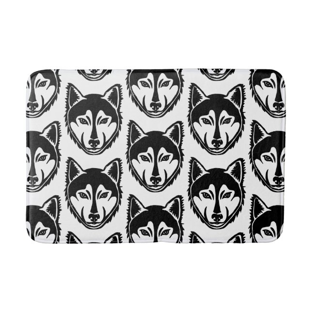 Black and White Husky Portrait Lino Cut Pattern Bath Mat (Front)