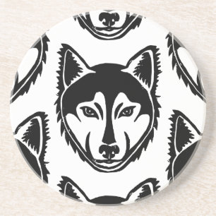 Black and White Husky Portrait Lino Cut Pattern Coaster