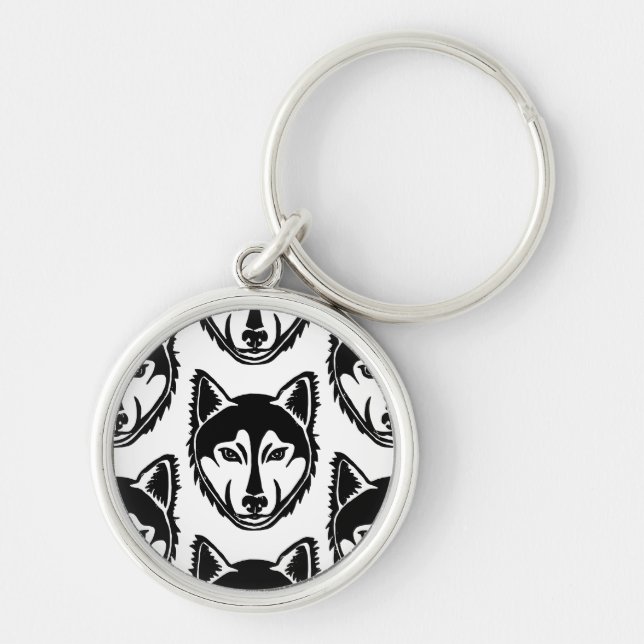 Black and White Husky Portrait Lino Cut Pattern Keychain (Front)